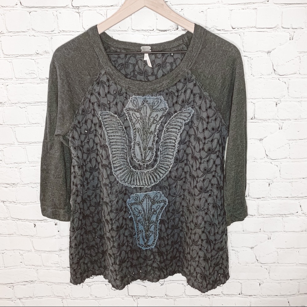 Free People We The Free Eyelet Lace Ringer Baseball Tee Navy Size Small